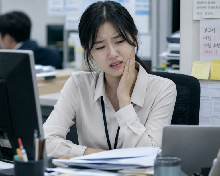 진접 턱관절 자가진단 — 턱 통증과 소리 증상으로 손으로 턱을 짚고 있는 모습